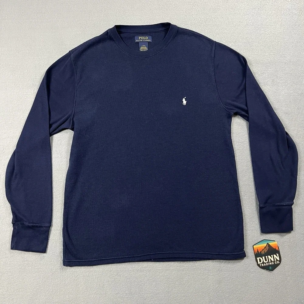 Polo Ralph Lauren Shirt Mens L Blue Waffle Knit Thermal Preppy Long Sleeve